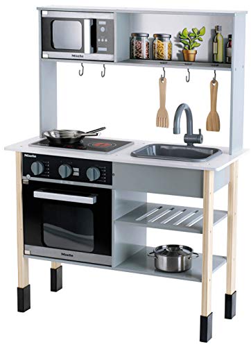 Theo Klein 7199 Cozinha Miele, cozinha branca de madeira que inclui placa de cozedura, elegantes acessórios de cozinha em aço inoxidável e madeira, a partir de 3 anos, 70 cm x 30 cm x 91 cm
