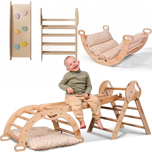 Estrutura de escalada 5 em 1 para crianças, escada em triângulo, arco de escalada, Balance Board e almofada, estrutura de escalada Montessori, ginásio de madeira para crianças de 1 a 3 anos