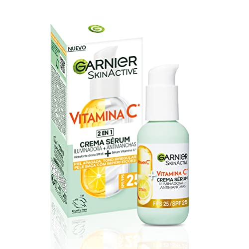 Garnier SkinActive Vitamina C 2 em 1 Creme Sérum antimanchas, iluminadora FPS 25. Reduz manchas escuras e corrige o tom irregular com 72 h de hidratação. Proteção média FPS 25. 50 ml