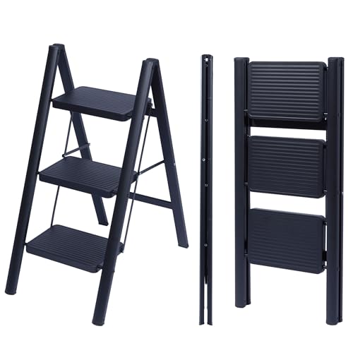UZIRO Escada dobrável 3 degraus, escadas decorativas, degraus largos antiderrapantes, ideal para uso em casa, cozinha e escritório, fácil de guardar e transportar, resistente (preto, 3 quedas)