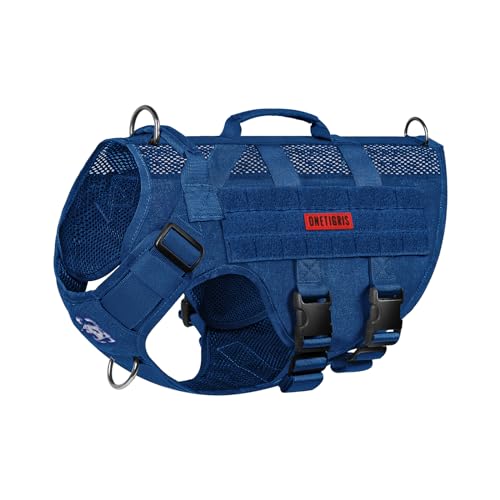 OneTigris Arnês para cães grandes, Air Mesh Tactical anti-comboio arnês com 2 asas ajustável arnês de peito No Pull Dog arnês respirável azul L