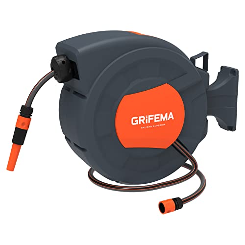 GRIFEMA, G301-25 Bobina de mangueira de jardim automático, enrolador de mangueira de parede de 25 M com rotação de 180 graus, com ajustável, cinzento [exclusivo na Amazon]
