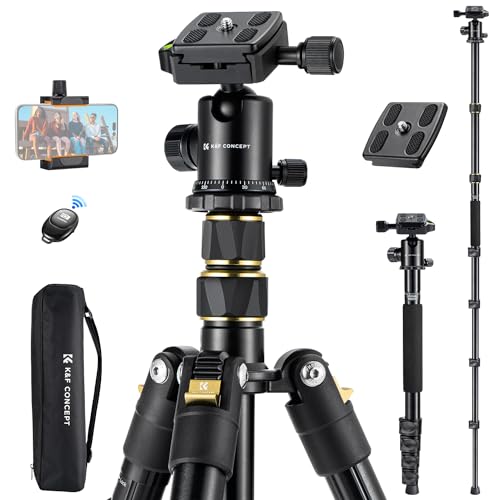 K&F Concept Tripé câmara 184 cm, tripé com clipe para telemóvel, tripé monopie com cabeça panorâmica de 360 ° e Arca Swiss, controlo remoto sem fio, mala de viagem, peso máximo 20 kg