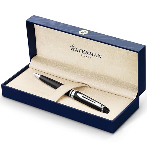 Waterman Caneta especial, cor preta brilhante com ornamento cromado, ponta média com cartucho de tinta azul, estojo de presente