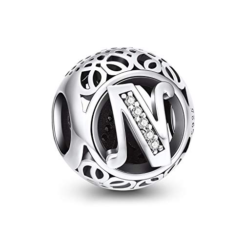 NINGAN A-Z 26 contas encantos pendentes de alfabeto contas prata de lei 925 com zircônia cúbica transparente compatível com pulseira Pandora e europeu, encantos de letra para mulher menina