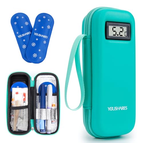 YOUSHARES Saco refrigerador para insulina com 2 sacos de gelo refrigerado TSA, mini refrigerador de medicamentos para viagens, estojo isolado para insulina e outros acessórios, bolsa diabética (verde)
