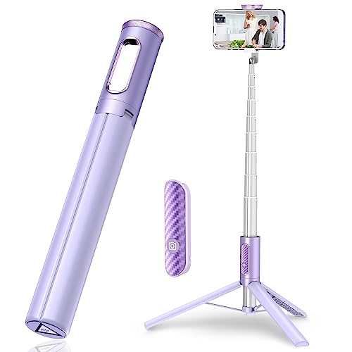 TONEOF 152 cm Vara Selfie Tripé para telemóvel, tripé móvel extensível rotação tripé telefone flexível com sem fios com controlo remoto, viagem tripé compatível com iPhone e Android - roxo
