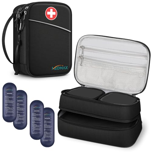 MEDMAX Refrigerador saco de insulina 4 embalagens de gelo, grande organizador de medicamentos, isolado estojo com bolsa adicional para canetas de insulina ou outros suprimentos para diabéticos,,