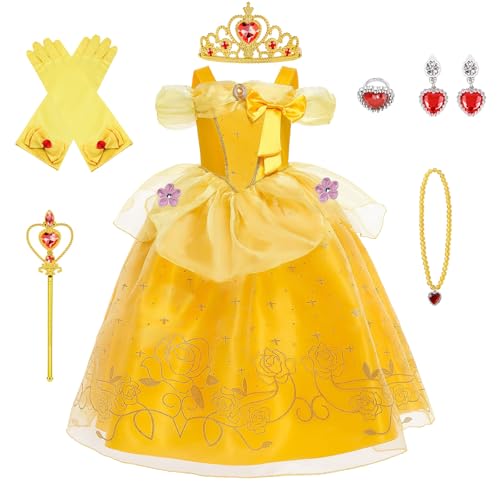 BSBUY Traje princesa bonita menina, vestido bonito e besta menina clássico com grande arco e acessórios para festa cosplay aniversário Natal, 110 cm