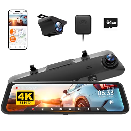 WOLFBOX G850 4K Mirror Dash CAM com 5,8 GHz WiFi e controlo de voz, câmara de espelho retrovisor de 12 polegadas para automóvel dianteiro e traseiro, monitorização de estacionamento, cartão de 64 GB e
