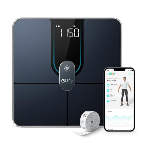 eufy P2 Pro Balança digital de casa de banho, Wi-Fi Bluetooth, base de gordura corporal e muscular com aplicação, 16 monitores de composição corporal, como frequência cardíaca, gordura corporal, IMC,