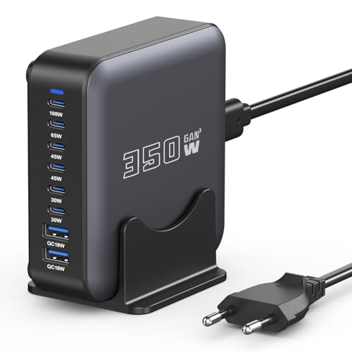 Carregador USB C, 350 W GAN 8 portas estação de carregamento, adaptador de alimentação USB C, PD100 W carregamento rápido, compatível com iPhone/Samsung/Google/computador portátil/tablet
