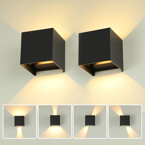 YICALE Aplique parede exterior 2 peças, 12 W IP65 impermeável lâmpada exterior parede 3000 K branco quente ângulo de luz ajustável apliques interior preto para pátio, escadas, varanda, jardim