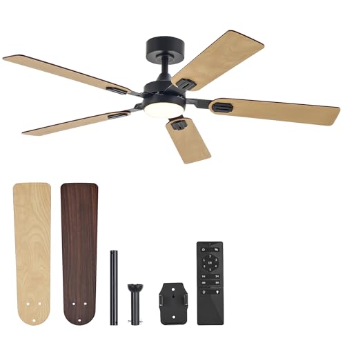 VONLUCE Ventoinha de teto com luz e controlo remoto, 132 cm, 5 pás, motor DC reversível, 6 velocidades, ventilador de teto silencioso para quarto, sala de estar, terraço ou casa de campo