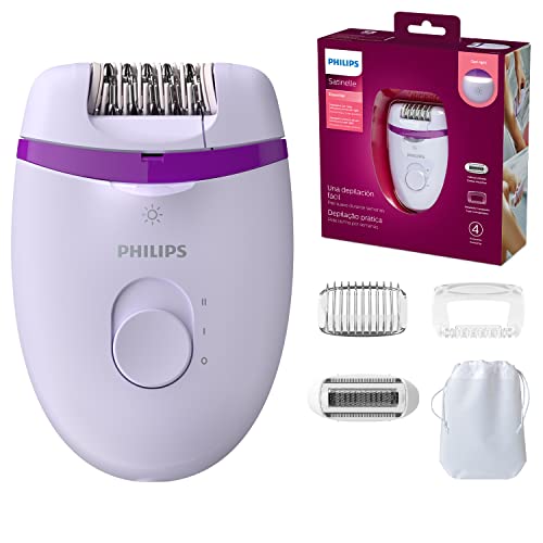 Philips Depiladora Satinelle Essential BRE275/00 - Depiladora mulher para pernas com cabo compacto, luz Opti-Light, 2 configurações de velocidade e 4 acessórios, roxo