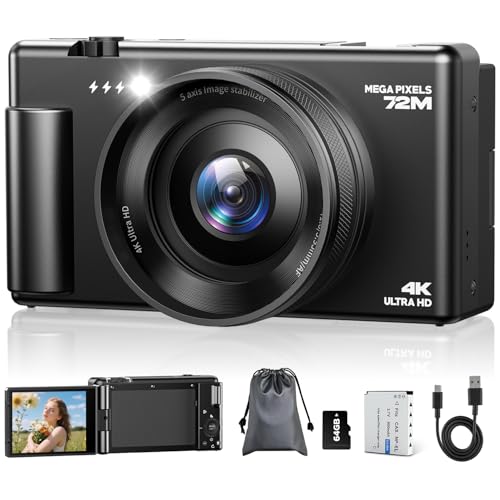 Câmara digital 4K, Vlog câmara de fotos anti-vibração com foco automático de 72 MP 18 X zoom, ecrã Flip de 270 ° câmara digital compacta com bateria cartão de 64 GB para fotografia Vlog preto