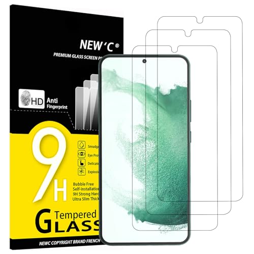 NEW'C 3 peças, protetor de ecrã para Samsung Galaxy S22 / S22 Plus, anti-riscos, anti-impressões digitais, sem bolhas, dureza 9H, 0,26 mm ultra transparente, vidro temperado ultra resistente