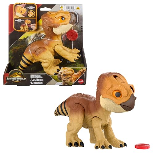 Mattel Jurassic World: El Renacer, Aquilops Dolores protetor primal, dinossauro interativo com ação de ataque e sons, animal de estimação eletrónico com acessório de alimentos, JGC01