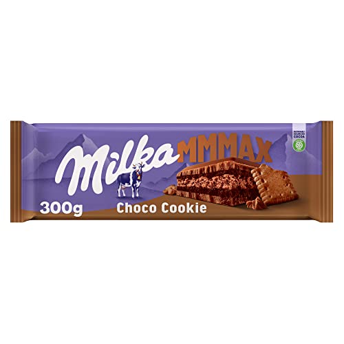 Milka MMMAX Choco cookie tablet grande de chocolate com leite dos alpes com camada de bolachas de cacau e camada dupla de enchimento de creme cacau 300 g