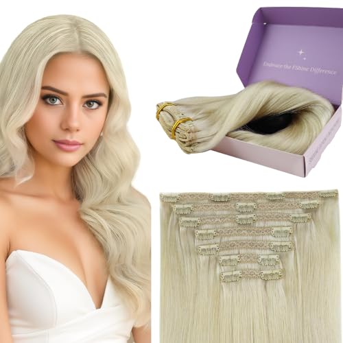 fshine Extensões de clipe de cabelo natural 16 polegadas loiro platina 1000 duplo Weft Clip in Remy Human Hair Soft Hair Extensões de clipe de cabelo natural 120 g extensões de cores 7 peças cabelo