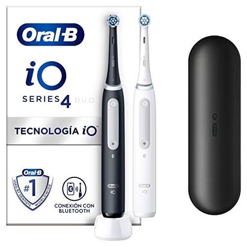 Oral-B iO 4 Pack duplo, escova de dentes elétrica branca e preta, com 2 cabeças e 1 estojo de viagem, desenhado por Braun