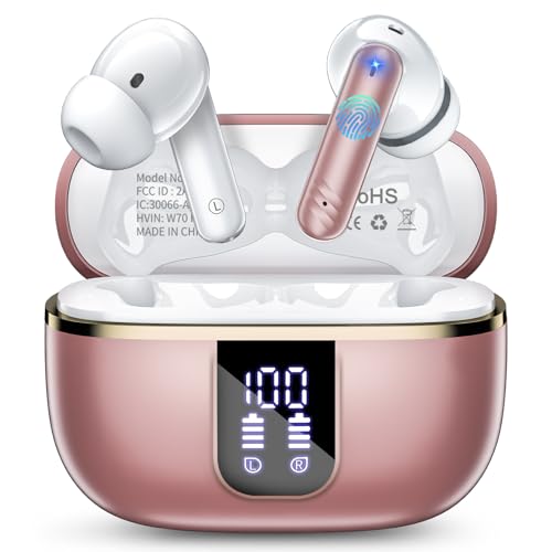 Auriculares sem fios Bluetooth, capacetes sem fios Bluetooth 5.4 com 4 redução de ruído Mic, 45H auriculares sem fios com HiFi estéreo, IPX7 auriculares para Android iOS. Rosa