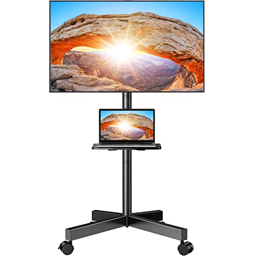Carrinho de TV móvel com rodas para ecrãs planos/televisores curvos LED de 23 a 60 polegadas, carro de TV com piso redondo, suporte de TV com prateleira de altura ajustável, suporta até 40 kg, máximo