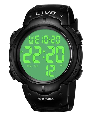 CIVO Relógios de pulso digitais desportivos militares com grandes números à prova de água até 50 m relógio preto de pulseira casual para homens de borracha