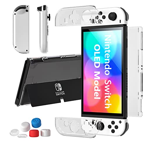Capa dobrável compatível com Nintendo Switch OLED modelo 2021, Switch OLED Case Clear, Soft TPU Joy-com pega Cover and Hard PC capa protetora para Nintendo Switch OLED com 6 tampas de Joystick