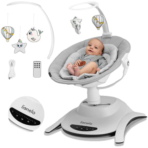 LIONELO Bela cadeira de balanço elétrica giratória de 360º para bebés até 9 kg, ajuste do encosto, 5 velocidades de balanceamento cintos de segurança deteção de movimento, rede de balanço, cadeira de