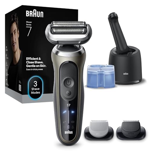 Braun Máquina de barbear elétrica homem série 7, máquina de barbear a seco e molhada, 3 modos de barbear, 60 min de uso, centro de limpeza, 2 acessórios de corrida e estojo de viagem, 72-C7650CC, ouro