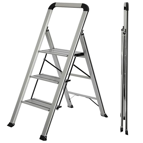 UZIRO Escadas de 3 degraus, escadas dobráveis de alumínio leve, decorativas, degraus largos antiderrapantes, mecanismo anti-dobrado, compacto, fácil de guardar (3 quedas)