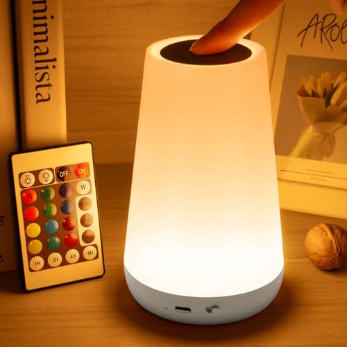 Auxmir Candeeiros de mesa de cabeceira, recarregável 1800 mAh com USB, luz de presença LED sem cabo, controlo remoto e tátil, temporizador, 13 cores de luz, para quarto silencioso, branco