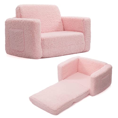 BEJOY Poltrona infantil sofá-cama 2 em 1, descapotável à espreguiçadeira, sofá macio para meninas e meninos, dia da criança e aniversário, rosa