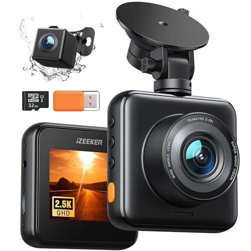 iZEEKER 2,5 K Dashcam, Duplo Dash CAM carro com cartão 32 GB SD, 1440 P mini câmara gravador de carro, câmara de carro frontal e traseira, 170 ° grande angular, G-Sensor, visão noturna, WDR