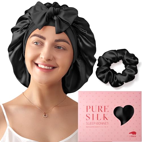 LitBear Boné de dormir 100 % de seda de amoreira para mulher, 6 A 22 Momme, grande invólucro de seda de camada dupla com faixa de anudação, turbante de seda antiderrapante, inclui carteira de seda
