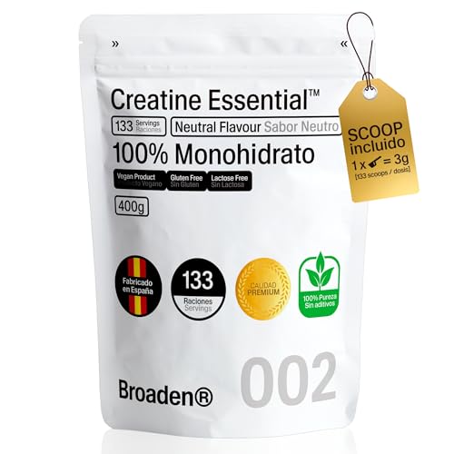 BROADEN 400 g Creatina monohidrata em pó sem sabor com 133 doses, 100% monohidrato de creatina microfibra, não inclui dose, sem adicionados, sem OMG, vegano, sem glúten.