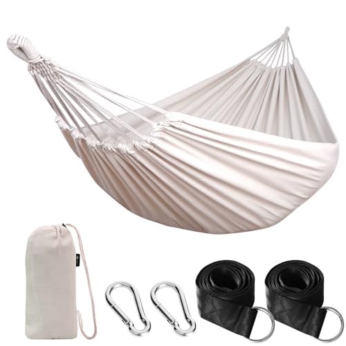 Anyoo Cama de rede de algodão para jardim ao ar livre, cama portátil de lona com cordas, para acampar, capacidade para 200 kg de peso, leve, com bolsa, para jardim, pátio, terraço, praia, viagens de mochila às costas