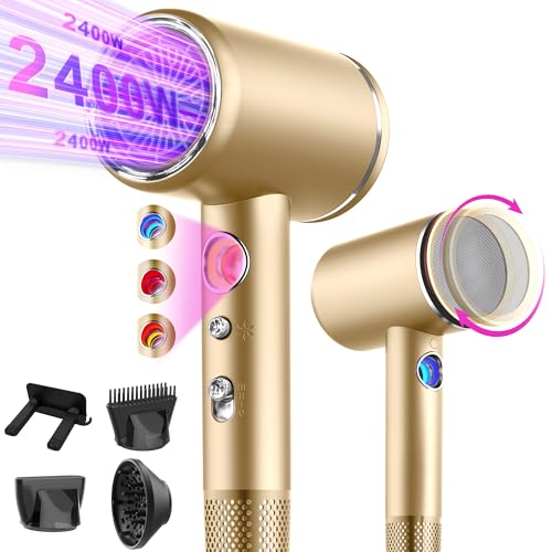 Tisoutec Secador de cabelo profissional de iões com motor AC 2400 W, difusor de cabelo 4 em 1, botão quente/frio, 3 níveis de calor, 3 níveis de velocidade, inclui