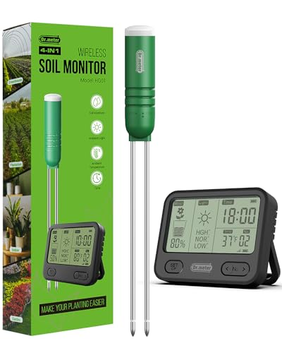 Dr.meter Medidor de humidade para plantas, 4 em 1 medidor de humidade com temperatura/luz/tempo/água do chão higrómetro plantas medidor de humidade para interior e exterior, bateria não incluída