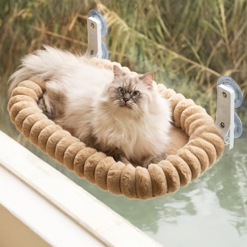 MEWOOFUN Rede dobrável de pelúcia com janela para gatos, cama removível e reversível, cabide macio com armação de aço grosso, 4 ventosas potentes, suporta até 18 kg (camelo, M)