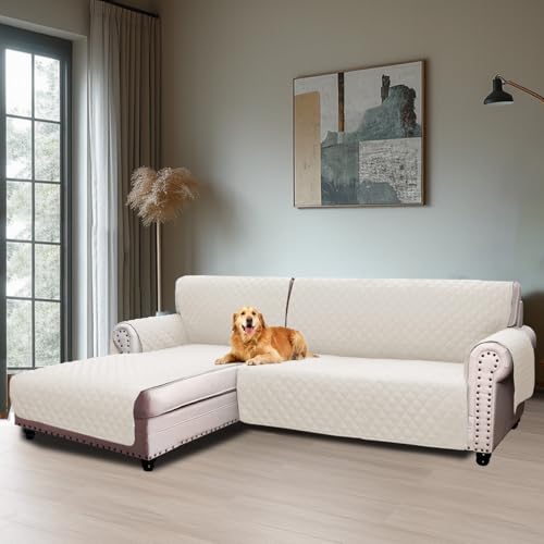BellaHills Capa sofá Chaise Long, capa sofá 3 praças, capa sofá Chaise longo acolchoado braço direito forma de L 247 cm, protetor de sofá, branco marfim