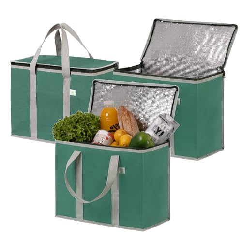 VENO Conjunto de 3 sacos de alimentos reutilizáveis isolados com fundo de cartão, entrega de alimentos, resistente, grande, suportes verticais, dobráveis, (verde, embalagem de 3)
