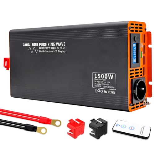 DATOUBOSS Inversor de corrente onda SinLECELL Pura de 1500 W transformador de 12 V a 220 V 230 V com porta USB com 1 AC entradas e 1 portas USB e 1 portas tipo-c com ecrã LCD