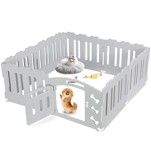 Parque para cães com 60 cm de altura, cerca para cães de 7 1 painéis, trela para cães de plástico dobrável, com ventosas e âncoras ao chão, parque cães para interiores e exteriores, cinzento