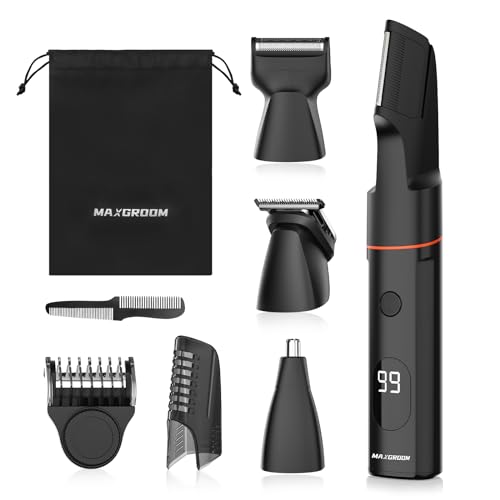 MAXGROOM Máquina de barbear corporal masculina, conjunto de depiladora corporal para homem, 4 em 1 máquina de depilação homem para corpo, genitais e zona íntima, aparador em seco e húmido