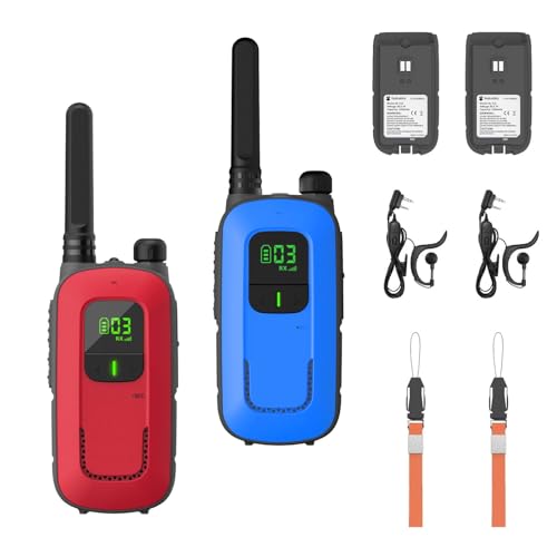 Radioddity Walkie Talkies PR-T3 sem licença, recarregáveis, para crianças entre 3 e 12 anos e famílias, têm 16 canais, VOX, lanterna, ecrã LCD iluminado, carregamento por USB (azul/vermelho)