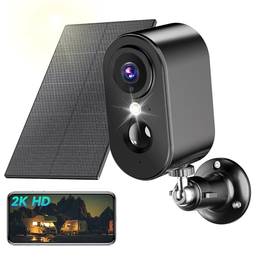 PESAIR 2K Câmara de vigilância WiFi exterior solar, câmaras de vigilância sem cabos, câmara de vigilância exterior com bateria, painel solar, visão noturna cor, PIR deteção de movimento, IP66, preto