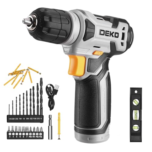 DEKOPRO Broca de parafusos sem fios 8 V, com 10 mm porta-brancas, luz LED, cabo de carregamento tipo C, acessórios de 42 peças, broca elétrica para perfurar e apertar/afrouxar parafusos, cinzento