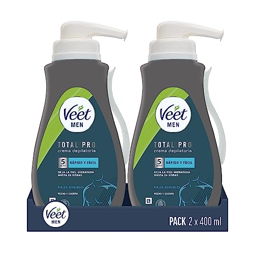 Veet Men creme de depilação masculino para peito nas costas, braços e pernas, pele sensível, cor cinzenta, 400 ml (embalagem de 2)